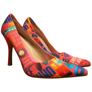 ANNE MICHELLE Fuel 01 Women's 7.5 Graffiti Print Pointed Toe Stiletto Pumps 80's